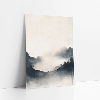 Misty Ridge Ink Japandi art print leaning against a white wall – misty landscape with dark evergreen ridges, soft fog