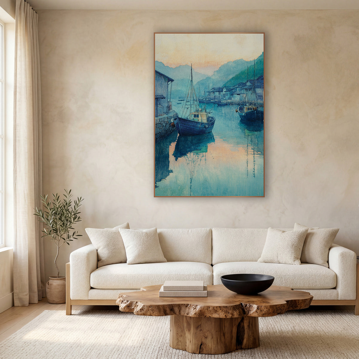 Blue Harbor Fishing Boats Japandi wall art in a calm Japandi-style room – two blue fishing boats moored in a calm teal