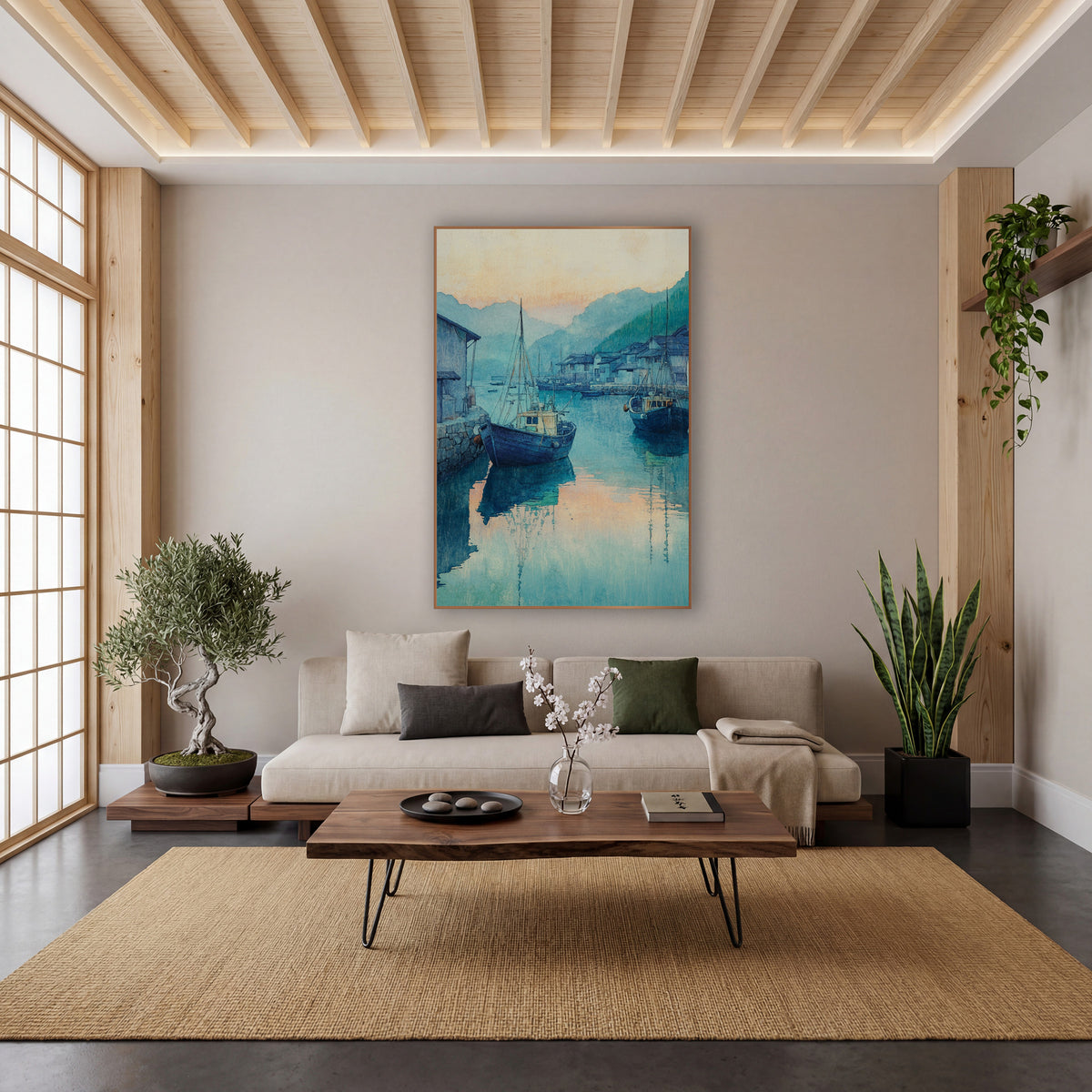 Blue Harbor Fishing Boats Japandi wall art in a calm Japandi-style room – two blue fishing boats moored in a calm teal