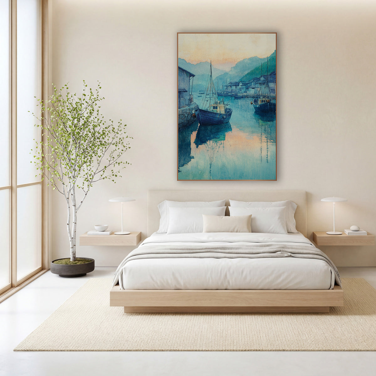 Blue Harbor Fishing Boats Japandi wall art in a calm Japandi-style room – two blue fishing boats moored in a calm teal