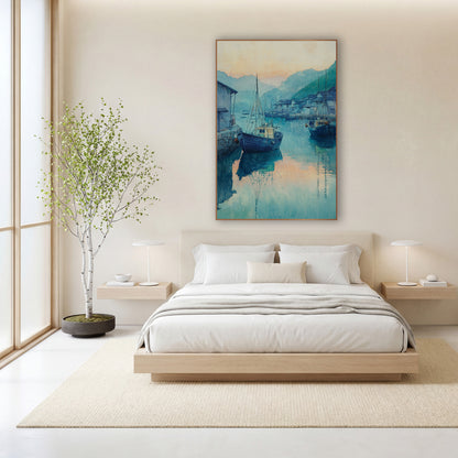 Blue Harbor Fishing Boats Japandi wall art in a calm Japandi-style room – two blue fishing boats moored in a calm teal