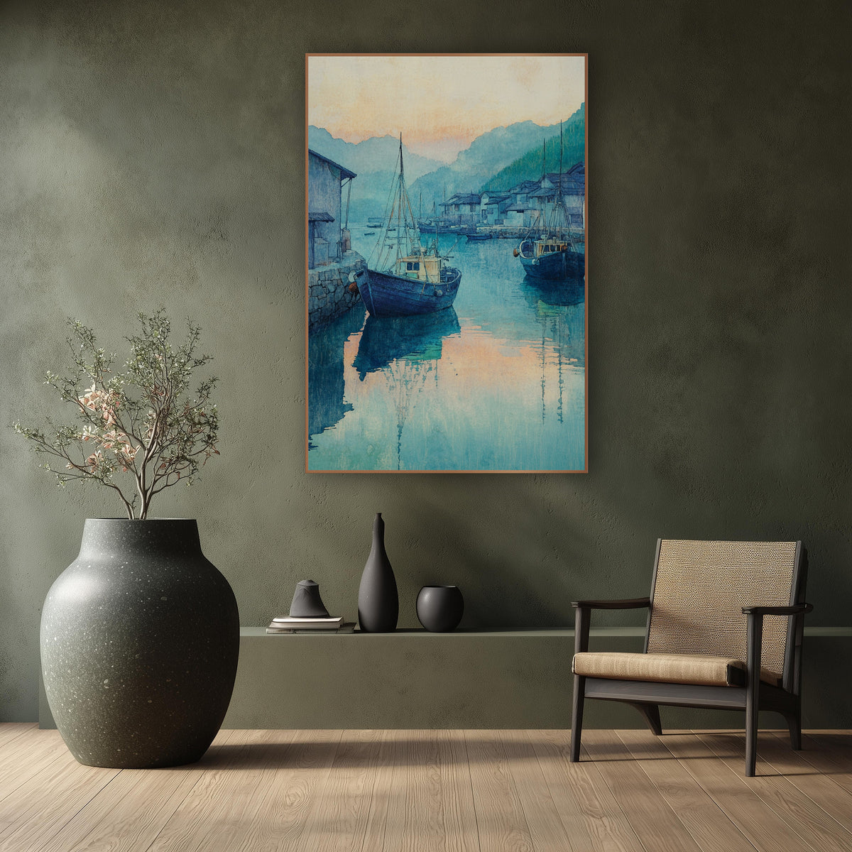 Blue Harbor Fishing Boats Japandi wall art in a calm Japandi-style room – two blue fishing boats moored in a calm teal
