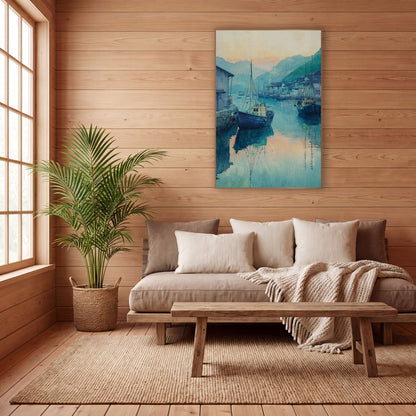Blue Harbor Fishing Boats Japandi wall art in a calm Japandi-style room – two blue fishing boats moored in a calm teal