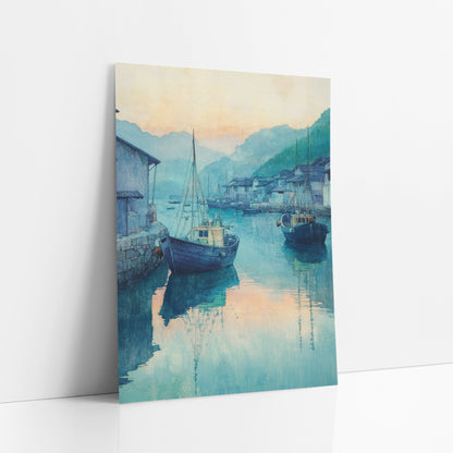 Blue Harbor Fishing Boats Japandi art print leaning against a white wall – two blue fishing boats moored in a calm teal