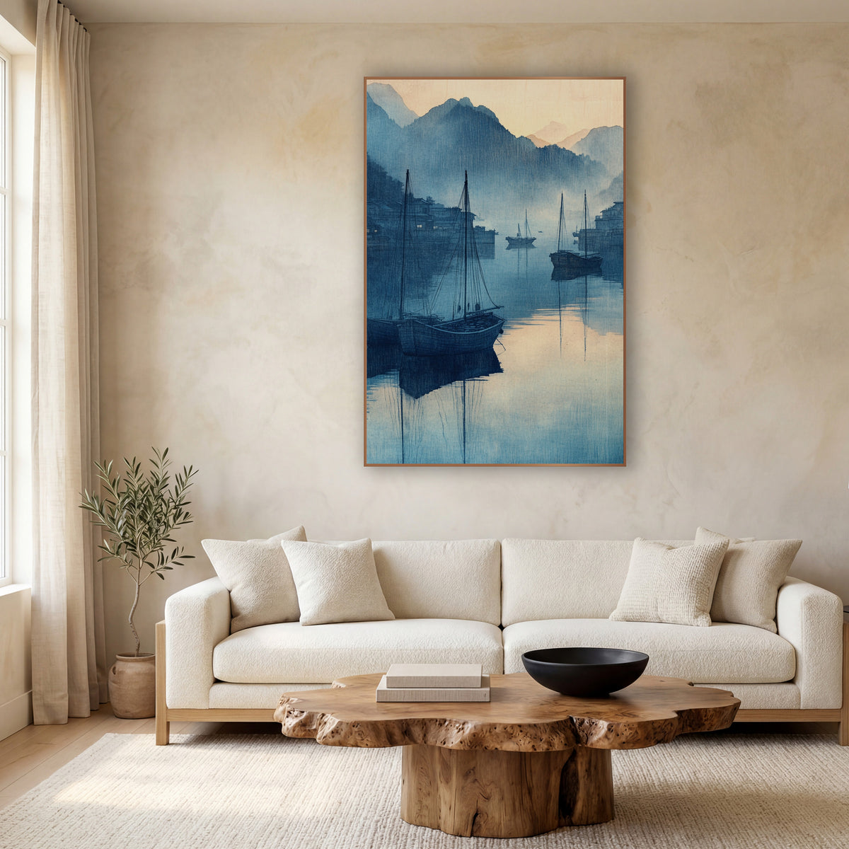 Twin Masts Village Harbor Woodblock wall art in a calm Japandi-style room – blue harbor scene with three wooden