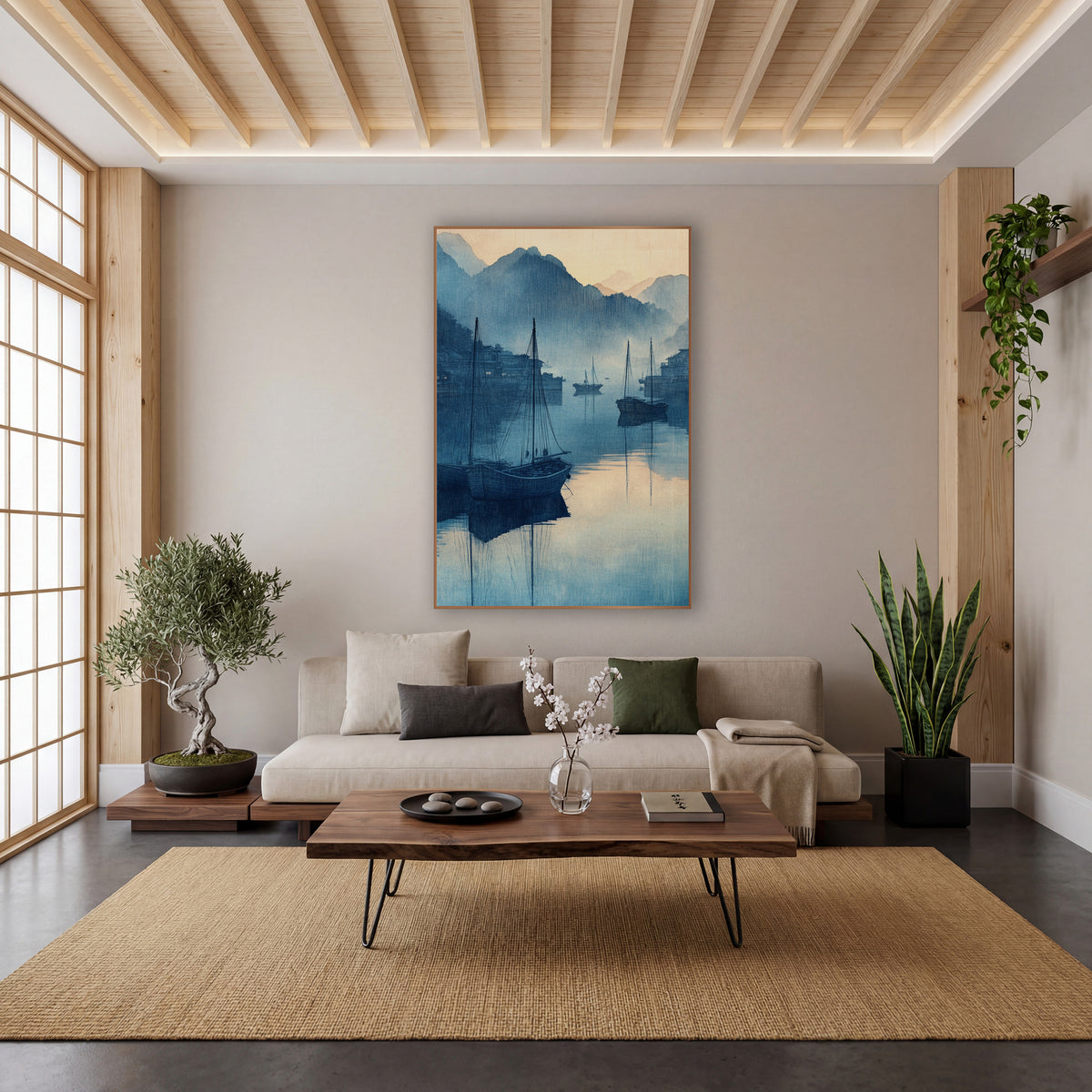 Twin Masts Village Harbor Woodblock wall art in a calm Japandi-style room – blue harbor scene with three wooden