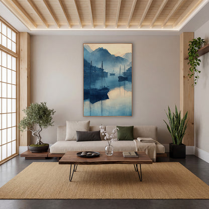 Twin Masts Village Harbor Woodblock wall art in a calm Japandi-style room – blue harbor scene with three wooden