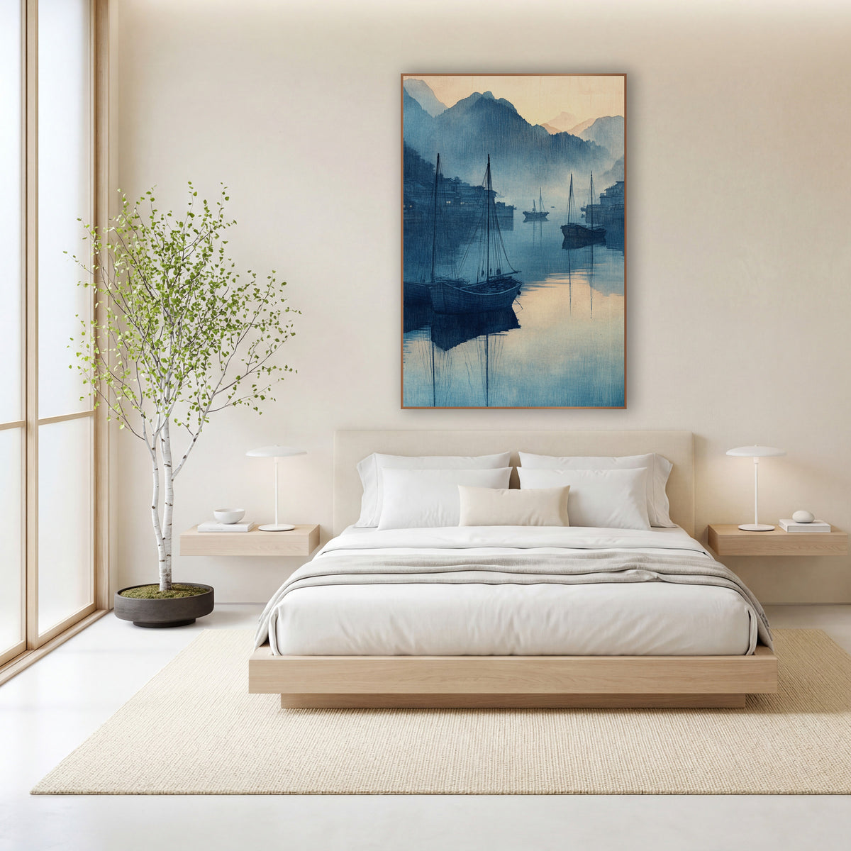 Twin Masts Village Harbor Woodblock wall art in a calm Japandi-style room – blue harbor scene with three wooden