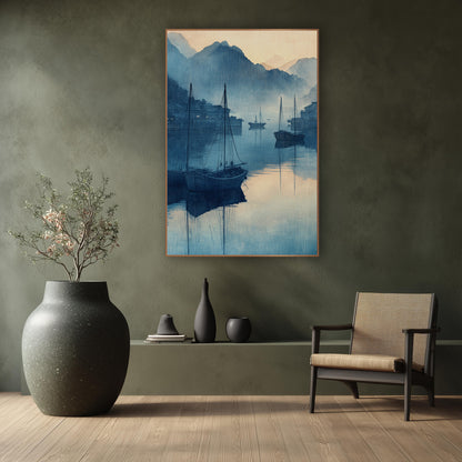 Twin Masts Village Harbor Woodblock wall art in a calm Japandi-style room – blue harbor scene with three wooden