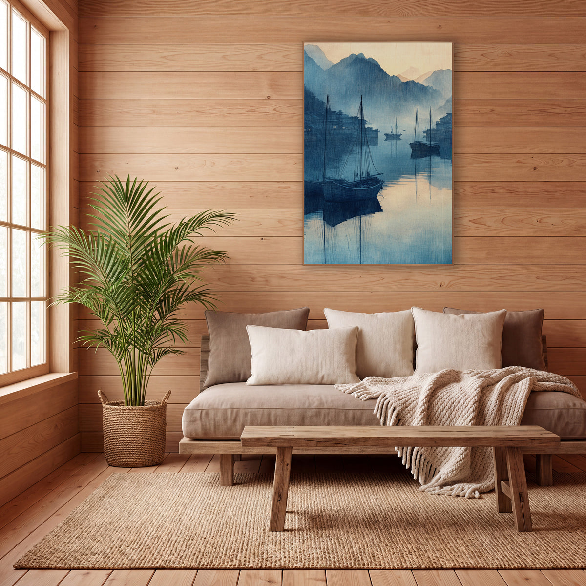 Twin Masts Village Harbor Woodblock wall art in a calm Japandi-style room – blue harbor scene with three wooden