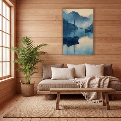 Twin Masts Village Harbor Woodblock wall art in a calm Japandi-style room – blue harbor scene with three wooden