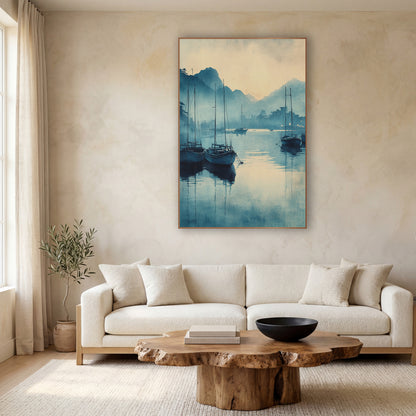 Three Sailboats Dawn Inkwash Harbor wall art in a calm Japandi-style room – moored boats with tall masts reflected