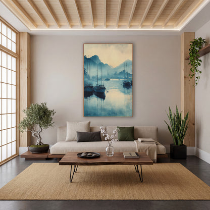 Three Sailboats Dawn Inkwash Harbor wall art in a calm Japandi-style room – moored boats with tall masts reflected