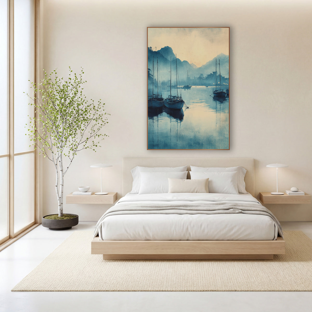 Three Sailboats Dawn Inkwash Harbor wall art in a calm Japandi-style room – moored boats with tall masts reflected