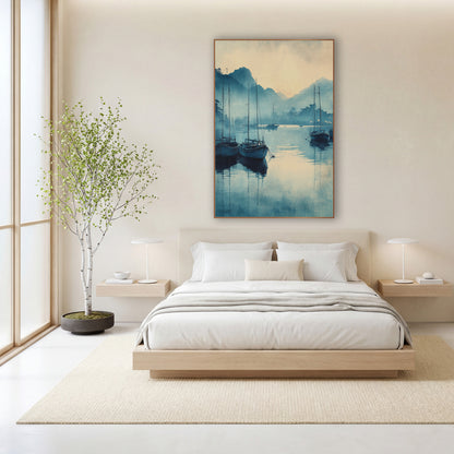 Three Sailboats Dawn Inkwash Harbor wall art in a calm Japandi-style room – moored boats with tall masts reflected