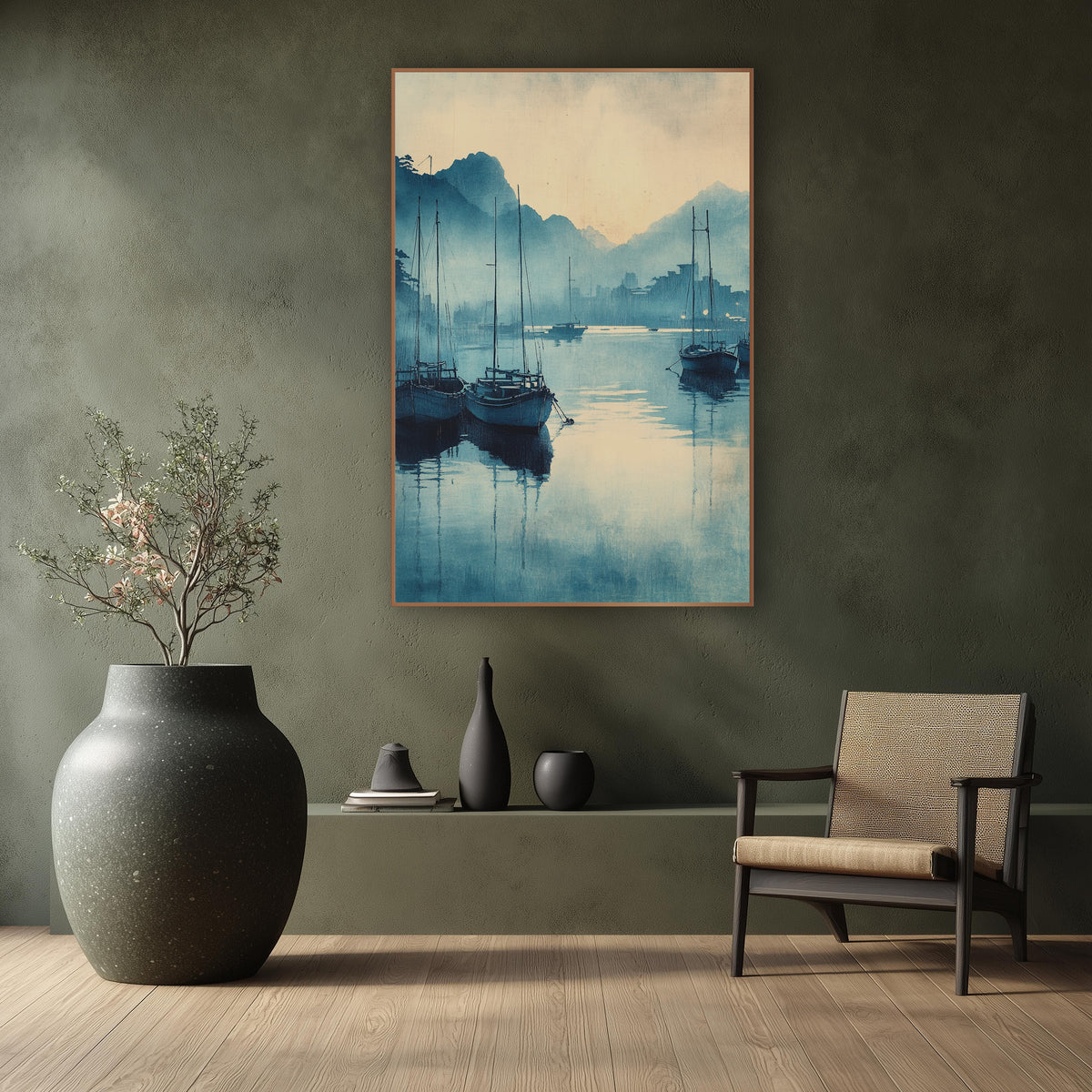 Three Sailboats Dawn Inkwash Harbor wall art in a calm Japandi-style room – moored boats with tall masts reflected