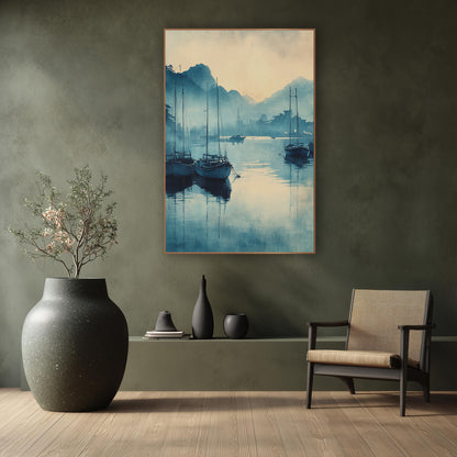 Three Sailboats Dawn Inkwash Harbor wall art in a calm Japandi-style room – moored boats with tall masts reflected