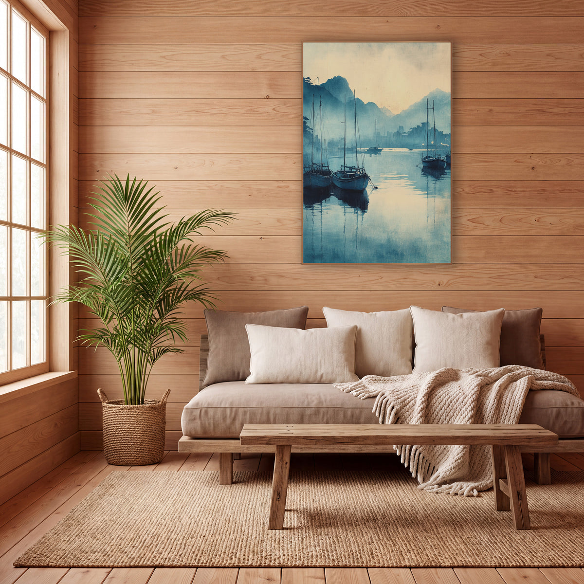 Three Sailboats Dawn Inkwash Harbor wall art in a calm Japandi-style room – moored boats with tall masts reflected