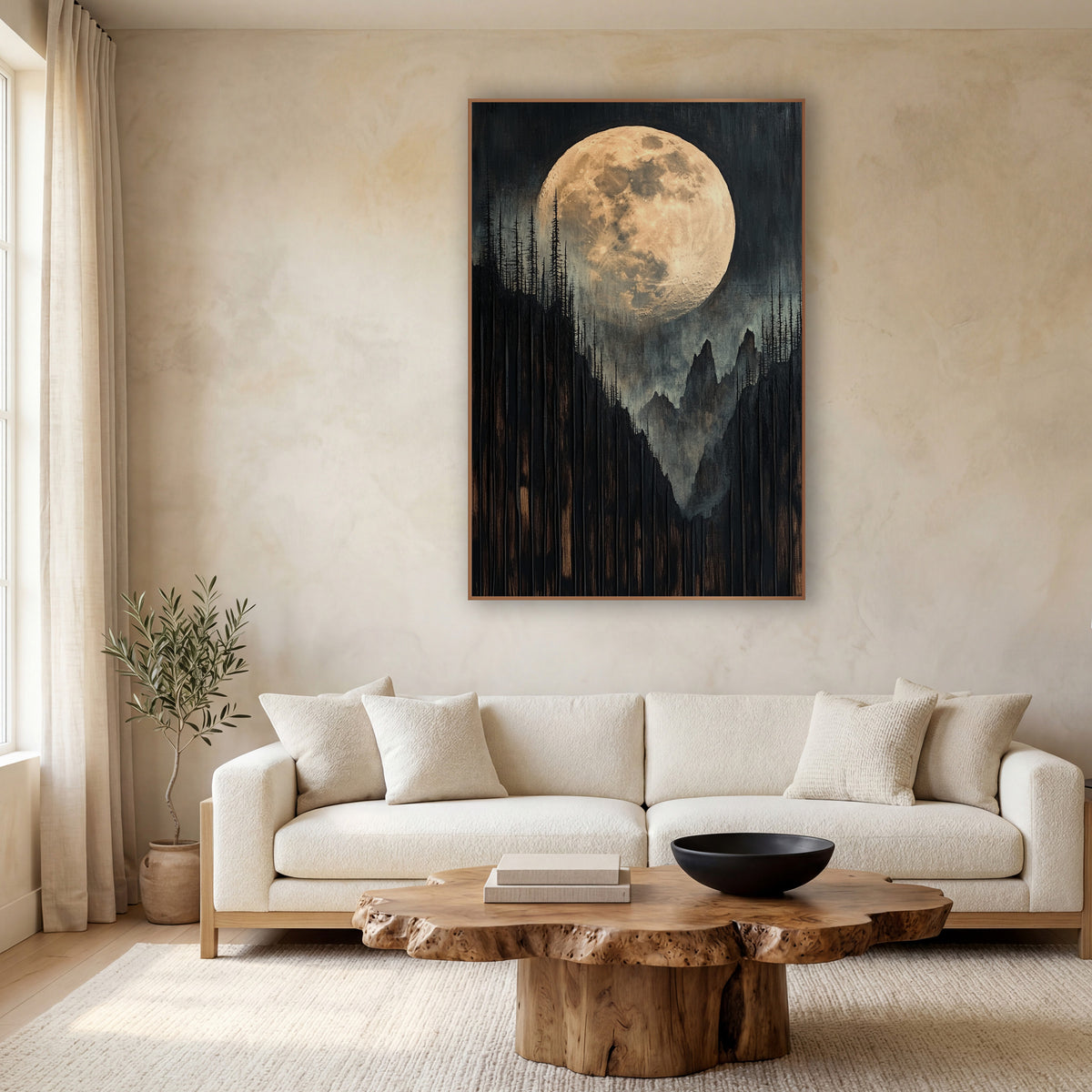 Golden Full Moon Mountain Landscape wall art in a calm Japandi-style room – large pale gold full moon above dark