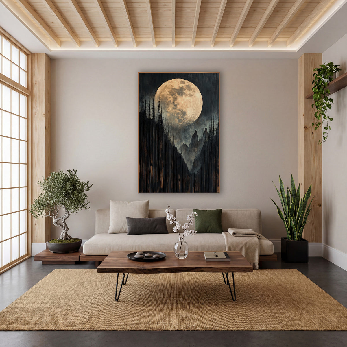 Golden Full Moon Mountain Landscape wall art in a calm Japandi-style room – large pale gold full moon above dark