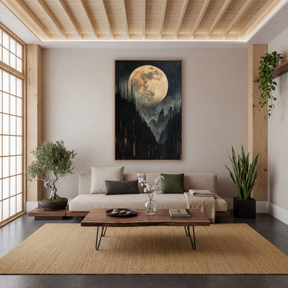 Golden Full Moon Mountain Landscape wall art in a calm Japandi-style room – large pale gold full moon above dark