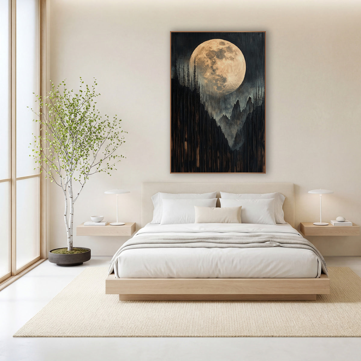Golden Full Moon Mountain Landscape wall art in a calm Japandi-style room – large pale gold full moon above dark