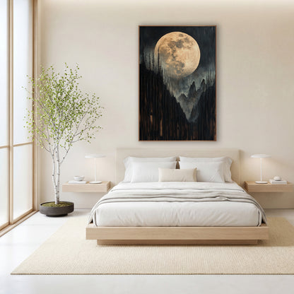 Golden Full Moon Mountain Landscape wall art in a calm Japandi-style room – large pale gold full moon above dark