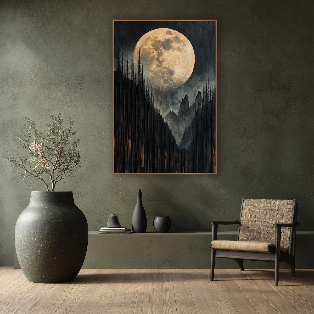 Golden Full Moon Mountain Landscape wall art in a calm Japandi-style room – large pale gold full moon above dark