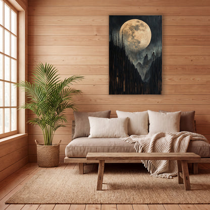 Golden Full Moon Mountain Landscape wall art in a calm Japandi-style room – large pale gold full moon above dark