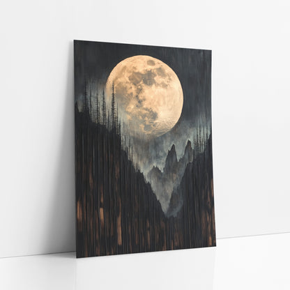 Golden Full Moon Mountain Landscape art print leaning against a white wall – large pale gold full moon above dark charcoal