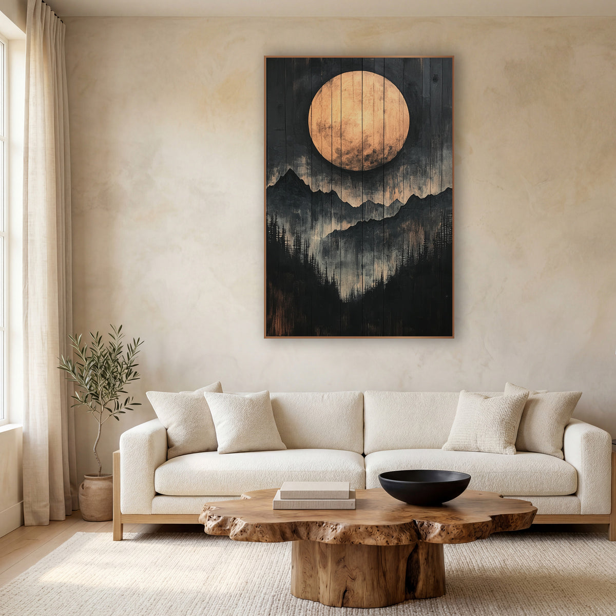Copper Moon Mountain Ridge Japandi wall art in a calm Japandi-style room – large copper full moon above layered black