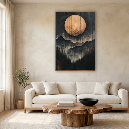 Copper Moon Mountain Ridge Japandi wall art in a calm Japandi-style room – large copper full moon above layered black