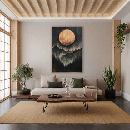 Copper Moon Mountain Ridge Japandi wall art in a calm Japandi-style room – large copper full moon above layered black