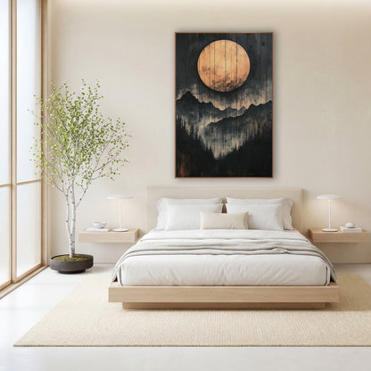 Copper Moon Mountain Ridge Japandi wall art in a calm Japandi-style room – large copper full moon above layered black