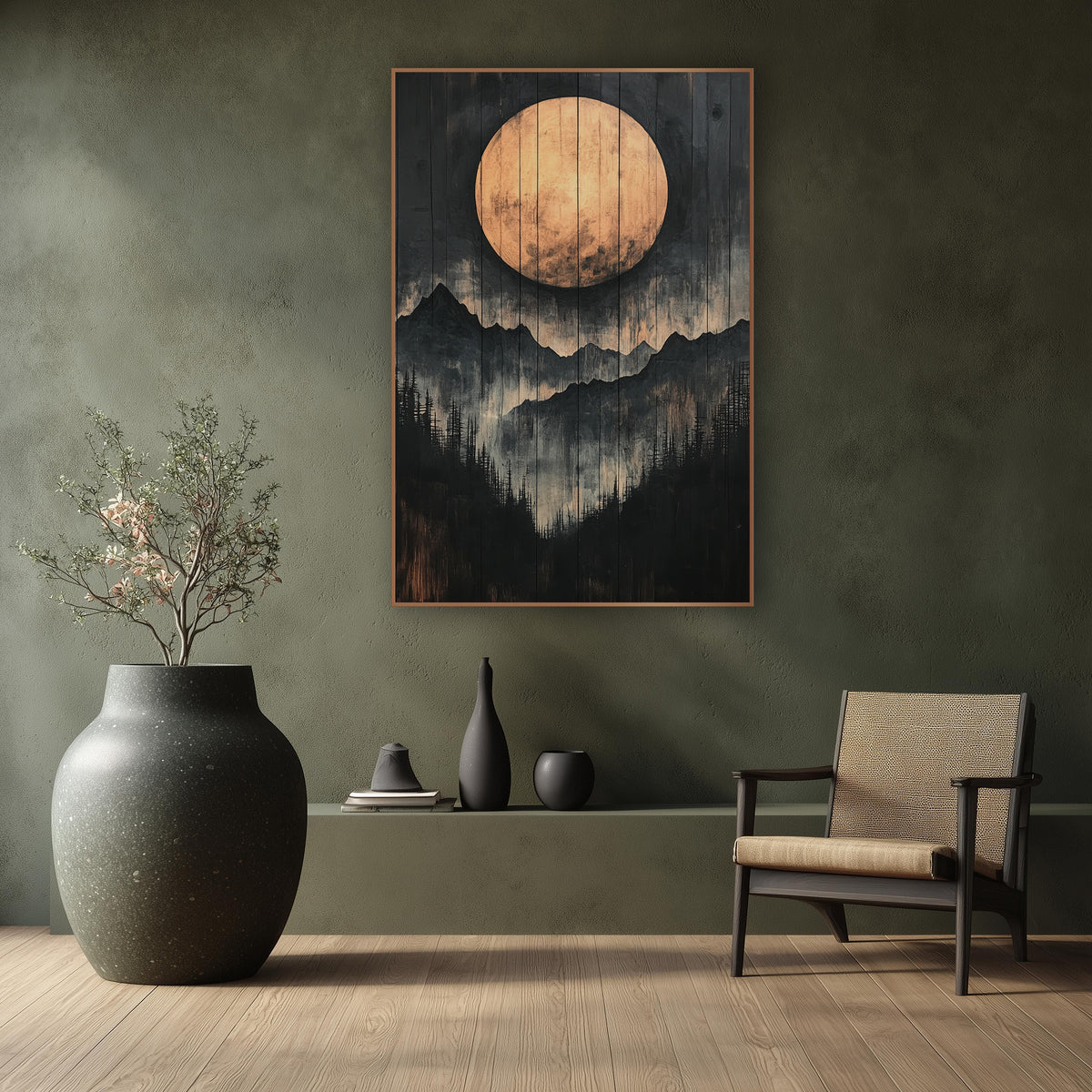 Copper Moon Mountain Ridge Japandi wall art in a calm Japandi-style room – large copper full moon above layered black
