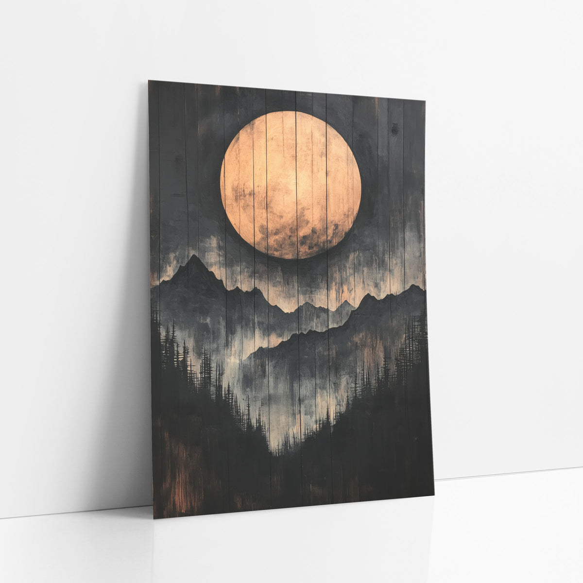 Copper Moon Mountain Ridge Japandi art print leaning against a white wall – large copper full moon above layered black