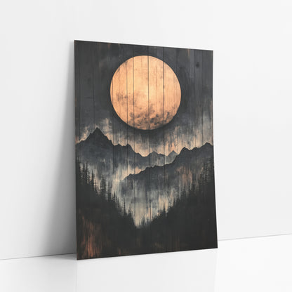 Copper Moon Mountain Ridge Japandi art print leaning against a white wall – large copper full moon above layered black