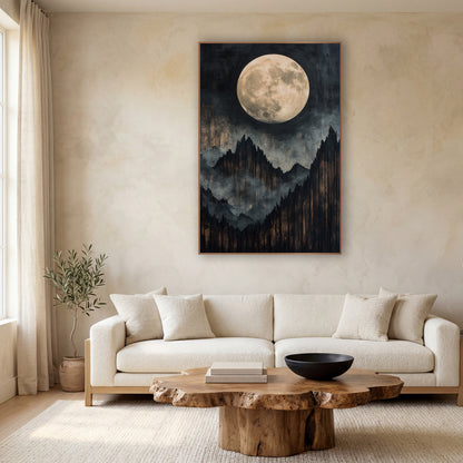 Full Moon Mountain Ridge Japandi wall art in a calm Japandi-style room – large cream full moon above jagged black