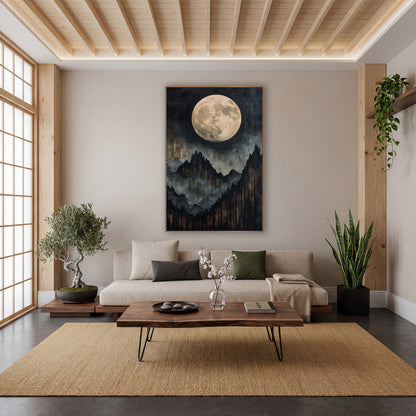 Full Moon Mountain Ridge Japandi wall art in a calm Japandi-style room – large cream full moon above jagged black