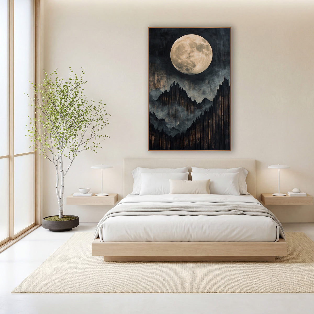 Full Moon Mountain Ridge Japandi wall art in a calm Japandi-style room – large cream full moon above jagged black
