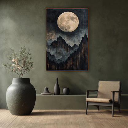 Full Moon Mountain Ridge Japandi wall art in a calm Japandi-style room – large cream full moon above jagged black