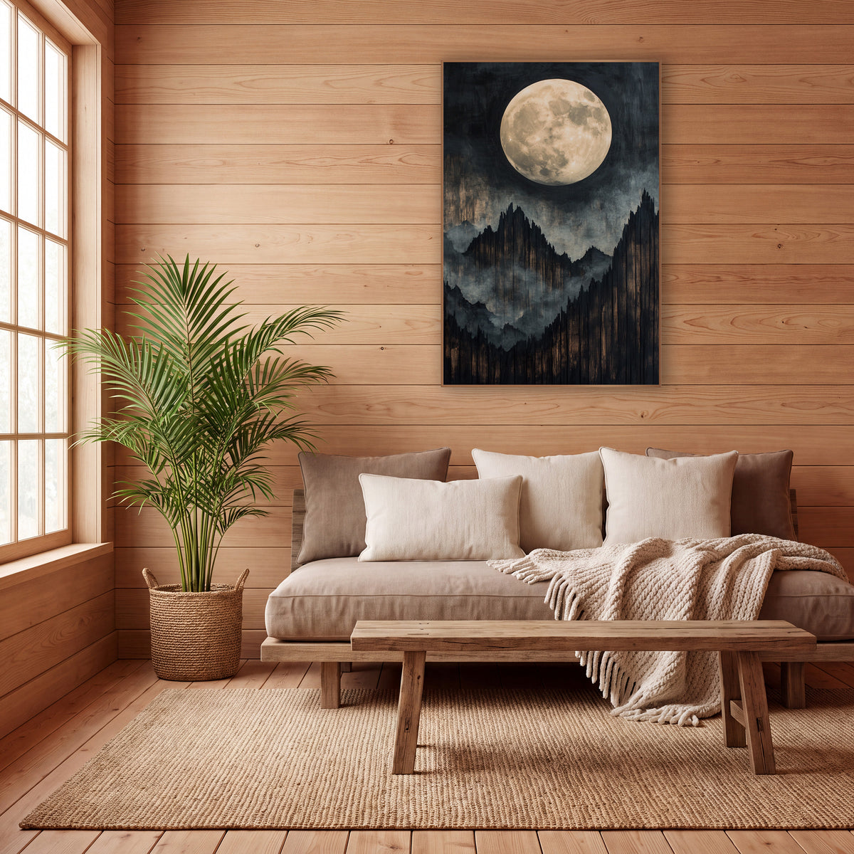 Full Moon Mountain Ridge Japandi wall art in a calm Japandi-style room – large cream full moon above jagged black