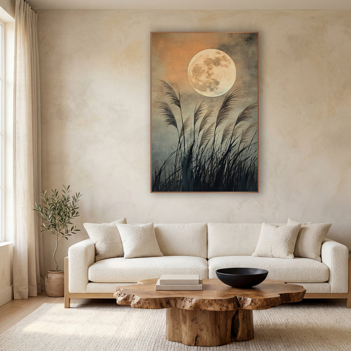Full Moon Pampas Grass Japandi wall art in a calm Japandi-style room – large pale full moon above tall feathery grass