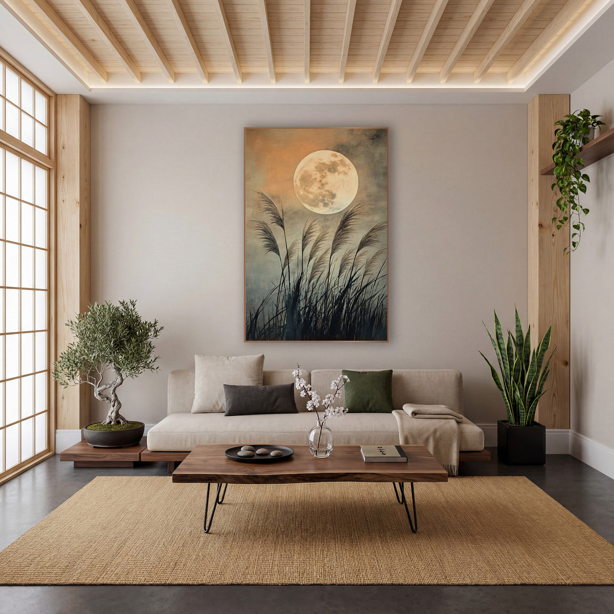 Full Moon Pampas Grass Japandi wall art in a calm Japandi-style room – large pale full moon above tall feathery grass