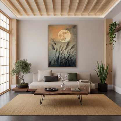 Full Moon Pampas Grass Japandi wall art in a calm Japandi-style room – large pale full moon above tall feathery grass