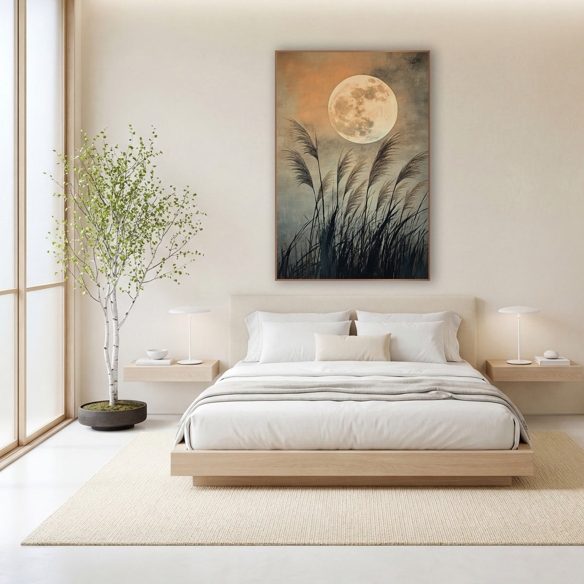 Full Moon Pampas Grass Japandi wall art in a calm Japandi-style room – large pale full moon above tall feathery grass