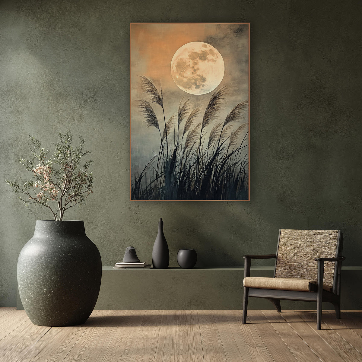 Full Moon Pampas Grass Japandi wall art in a calm Japandi-style room – large pale full moon above tall feathery grass