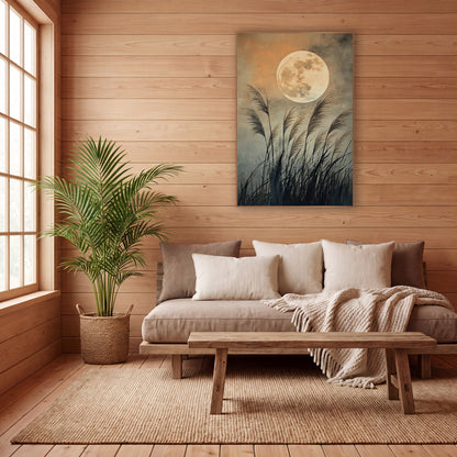Full Moon Pampas Grass Japandi wall art in a calm Japandi-style room – large pale full moon above tall feathery grass