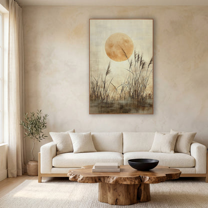 Golden Moon Reed Grass Japandi wall art in a calm Japandi-style room – large golden full moon behind tall feathery