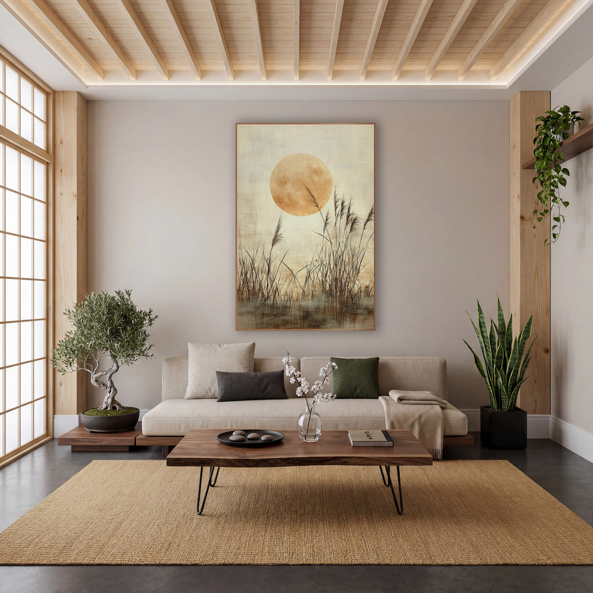Golden Moon Reed Grass Japandi wall art in a calm Japandi-style room – large golden full moon behind tall feathery